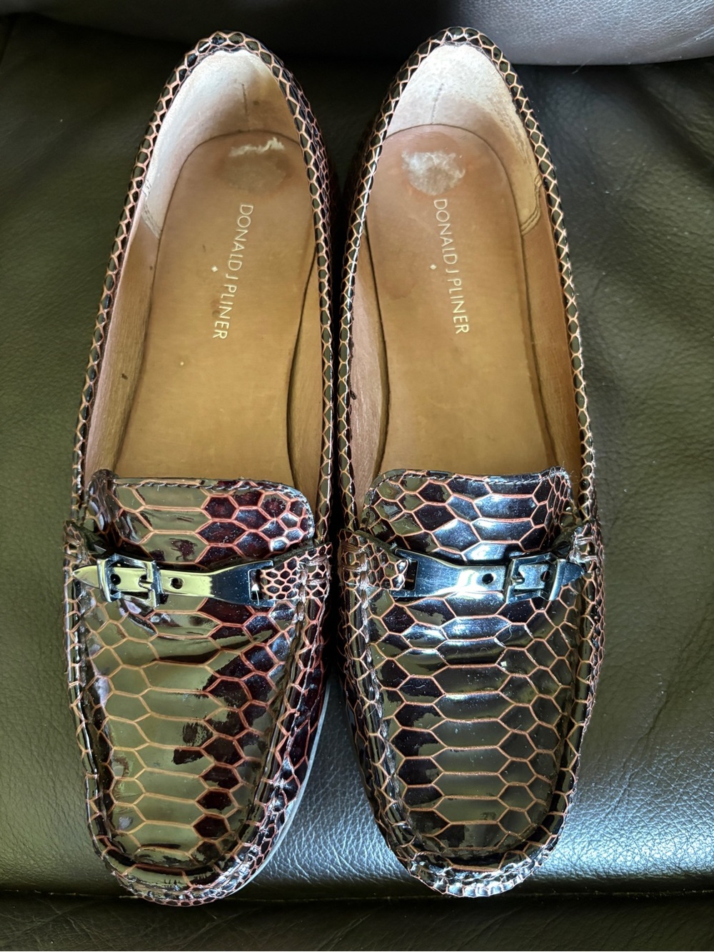 Donald Plier Brown Patent Leather Snake-Embossed Loafers. 
Brand New Condition.